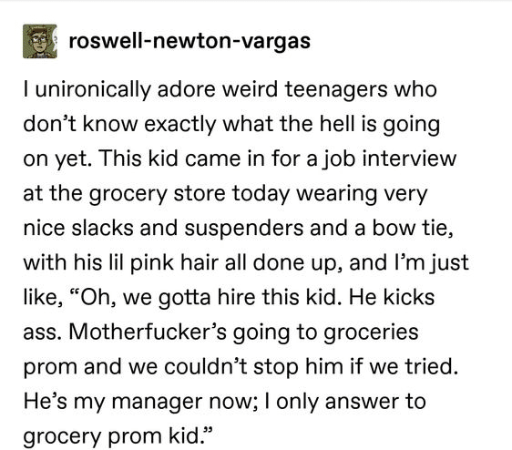 cute wholesome-memes cute text: roswell-newton-vargas I unironically adore weird teenagers who don't know exactly what the hell is going on yet. This kid came in for a job interview at the grocery store today wearing very nice slacks and suspenders and a bow tie, with his lil pink hair all done up, and I'm just like, 