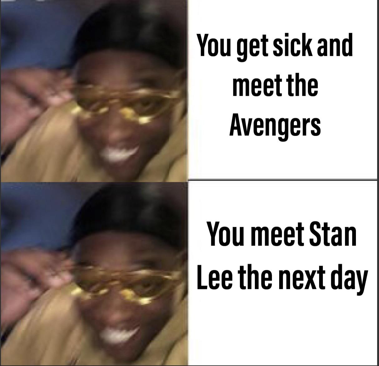 cute other-memes cute text: You get sick and meet the Avengers You meet Stan Lee the next day 