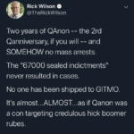 political-memes political text: Rick Wilson * @TheRickWilson Two years of QAnon -- the 2rd Qanniversary, if you will -- and SOMEHOW no mass arrests. The 1167000 sealed indictments" never resulted in cases. No one has been shipped to GIT MO. It