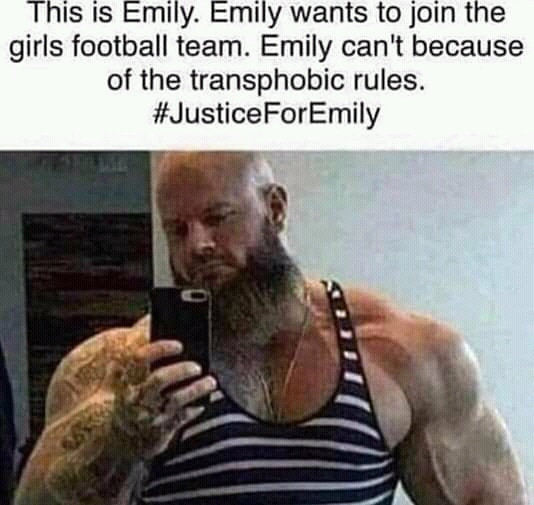 nsfw offensive-memes nsfw text: This is Emily. Emily wants to join the girls football team. Emily can't because of the transphobic rules. #JusticeForEmily 