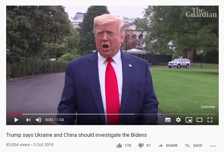 political political-memes political text: 0 0:03 Trump says Ukraine and China should investigate the Bidens 83,054 views • 3 oct 2019 I' 178 57 SHARE : Guardian SAVE 