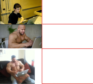 Buff guys on computer helping kid Strong meme template