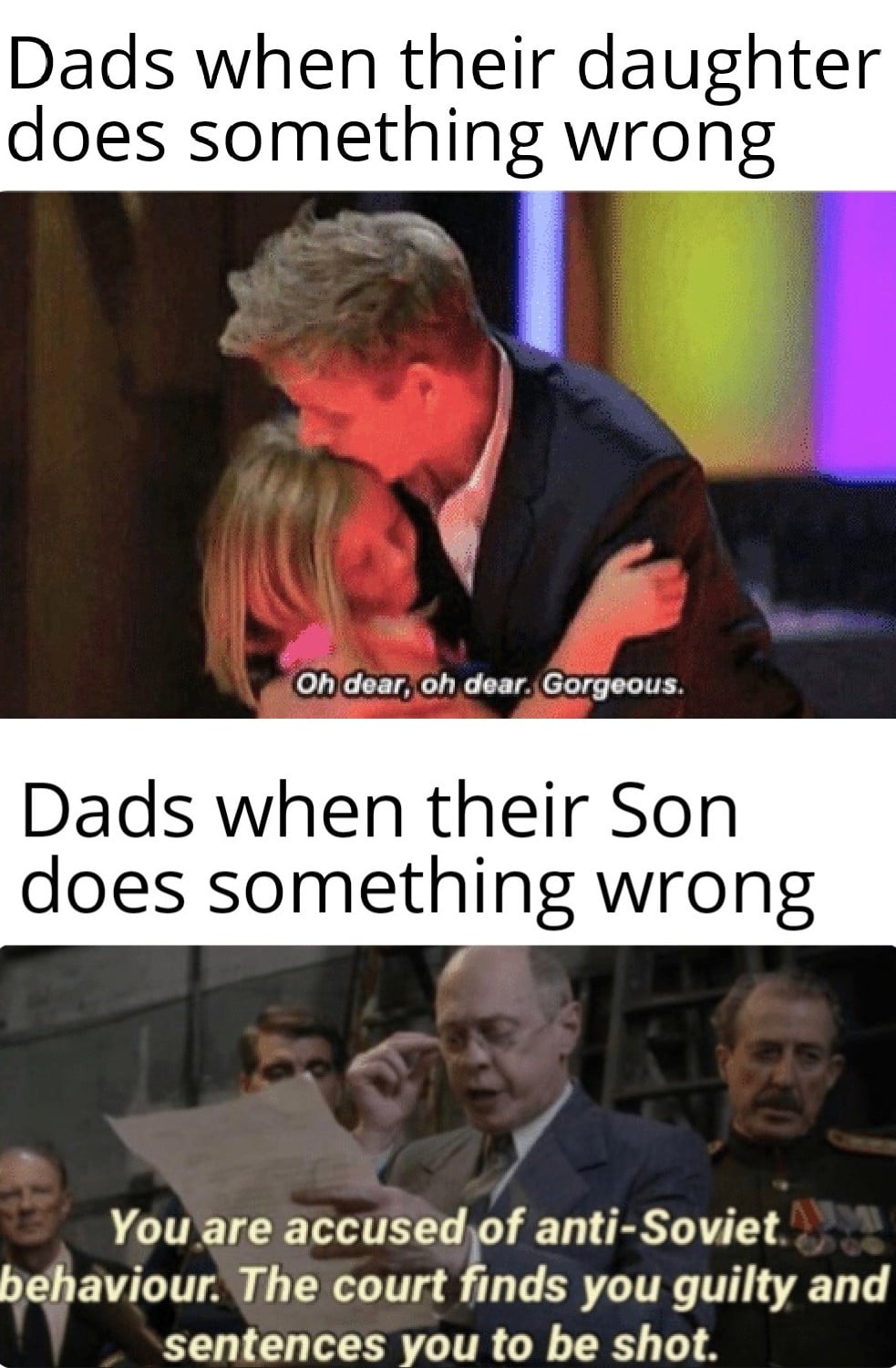 Dank Meme dank-memes cute text: Dads when their daughter does something wrong Oh dear, oh dear. Gorgeous Dads when their Son does something wrong You are accused pf anti-Soviet. u behaviour. The court finds you guilty and sentences you to be shot. 
