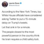 political-memes political text: rant Lauren Duca @laurenduca ACTSUEEÄ 13 EAR According to the New York Times, top White House officials have considered asking Twitter to put a 15-minute delay on Trumpls tweets. Let that sink in for a minute. The people closest to the most powerful person in the country think his brain requires a child safety lock.  political