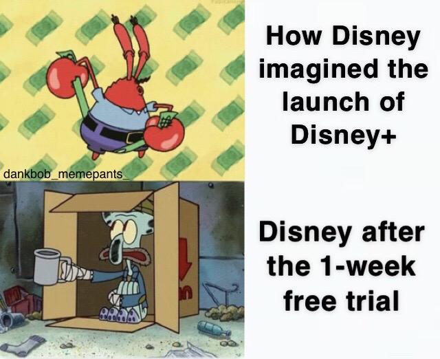 spongebob spongebob-memes spongebob text: dana m mepant How Disney imagined the launch of Disney+ Disney after the I-week free trial 