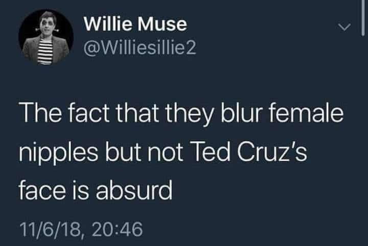 political political-memes political text: Willie Muse @VVilIiesilIie2 The fact that they blur female nipples but not Ted Cruz's face is absurd 11/6/18, 20:46 