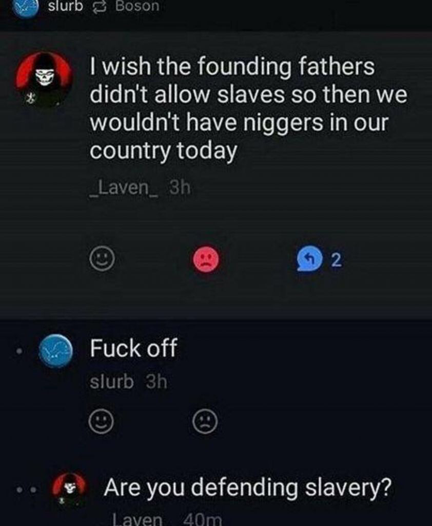 nsfw offensive-memes nsfw text: slurb Boson I wish the founding fathers didn't allow slaves so then we wouldn't have niggers in our country today Laven 3h Fuck off slurb 3h Are you defending slavery? 