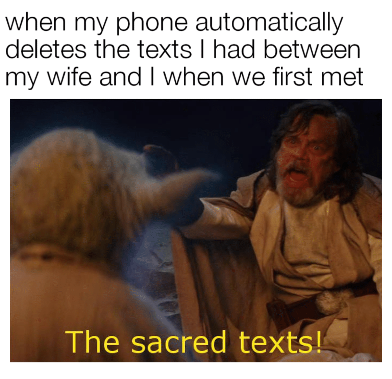 wife wholesome-memes wife text: when my phone automatically deletes the texts I had between my wife and I when we first met The sacred texts! 