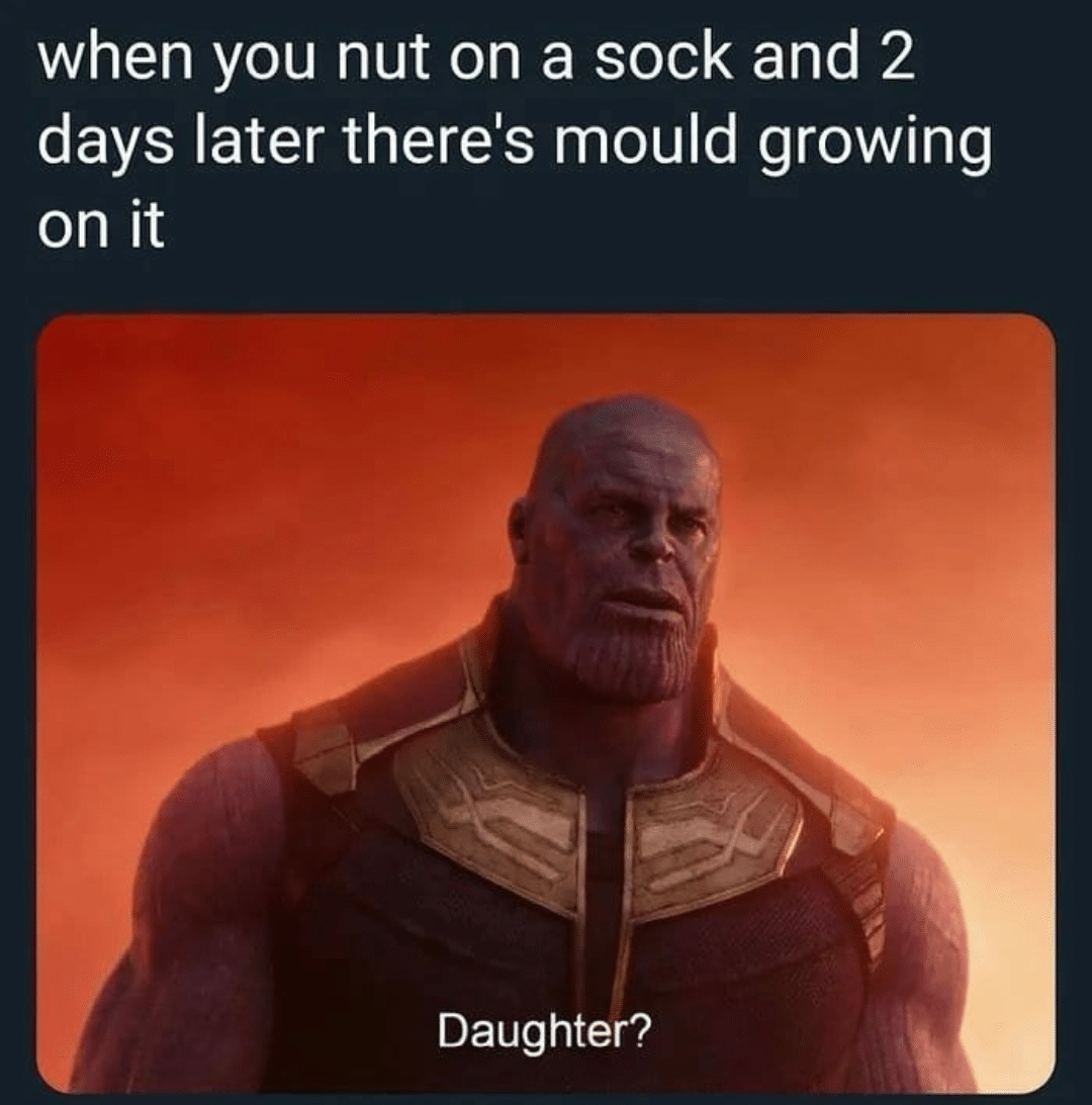 thanos avengers-memes thanos text: when you nut on a sock and 2 days later there's mould growing on it Daughter? 