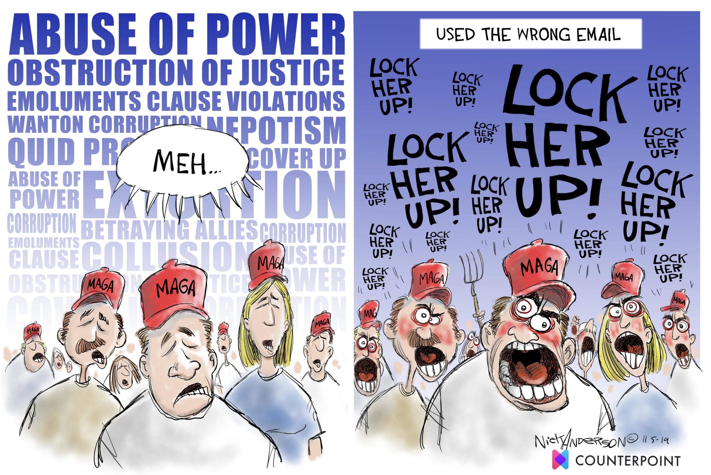 political political-memes political text: ABUSE OF POWER OBSTRUCTION OF JUSTICE EMOLUMENTS CLAUSE VIOLATIONS WANTON CORR QUID P ABUSE OF POTISM ,OVER UP MER... 5 LOCK LOCK* LOCK LOCK HER HER LOCK HER LOCKUP! LOCK up! HER LOCK LOCK HER HER \ LOCK MIACA LOCK HER LOCK HER M,A64' 9 6 Nie Il f/ IQ COUNTERPOINT 