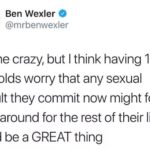 feminine-memes women text: Ben Wexler e @mrbenwexler Call me crazy, but I think having 17 year-olds worry that any sexual assault they commit now might follow them around for the rest of their lives would be a GREAT thing  women