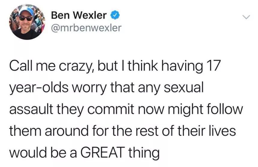 women feminine-memes women text: Ben Wexler e @mrbenwexler Call me crazy, but I think having 17 year-olds worry that any sexual assault they commit now might follow them around for the rest of their lives would be a GREAT thing 