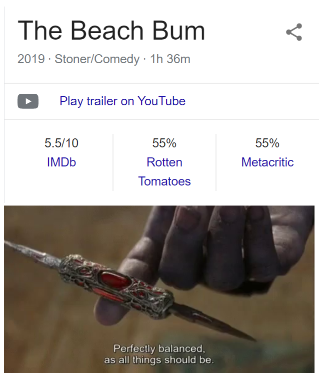 thanos avengers-memes thanos text: The Beach Bum 2019 • Stoner/Comedy • lh 36m Play trailer on YouTube 5.5/10 IMDb Rotten Tomatoes Perfectly balanced, as all things should be. Metacritic 