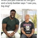 wholesome-memes cute text: When you just started at the gym and a body builder says "l see you, big dog!" therock  cute