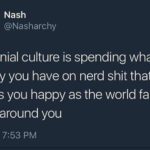 depression-memes depression text: Nash @Nasharchy millennial culture is spending what little money you have on nerd shit that makes you happy as the world falls apart around you 9/16/17, 7:53 PM  depression