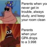 spongebob-memes spongebob text: Parents when you never get in trouble, always study, and keep your room clean Parents when your GPA drops to a 3.998  spongebob