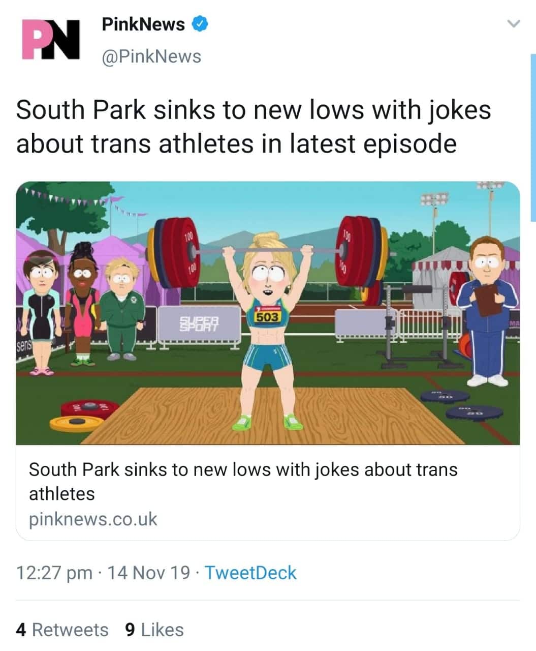 nsfw offensive-memes nsfw text: PinkNews @PinkNews South Park sinks to new lows with jokes about trans athletes in latest episode 03 South Park sinks to new lows with jokes about trans athletes pinknews.co.uk 12:27 pm • 14 Nov 19 • TweetDeck 9 Likes 