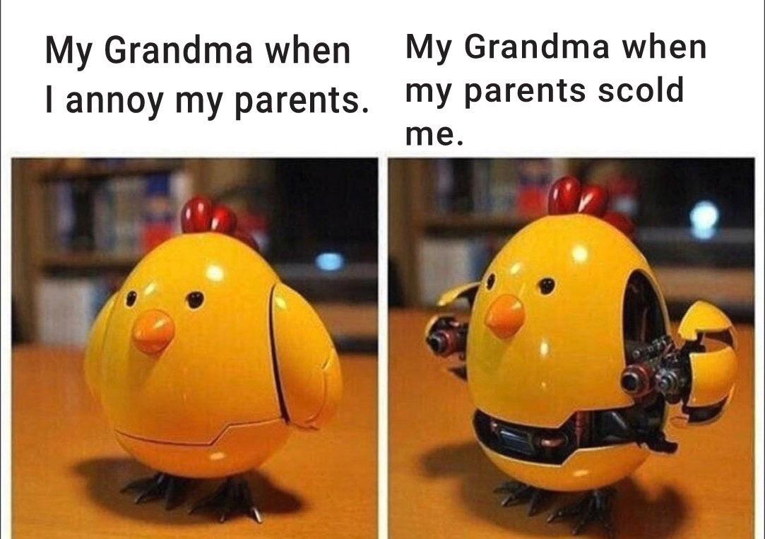cute wholesome-memes cute text: My Grandma when My Grandma when I annoy my parents. my parents scold me. 