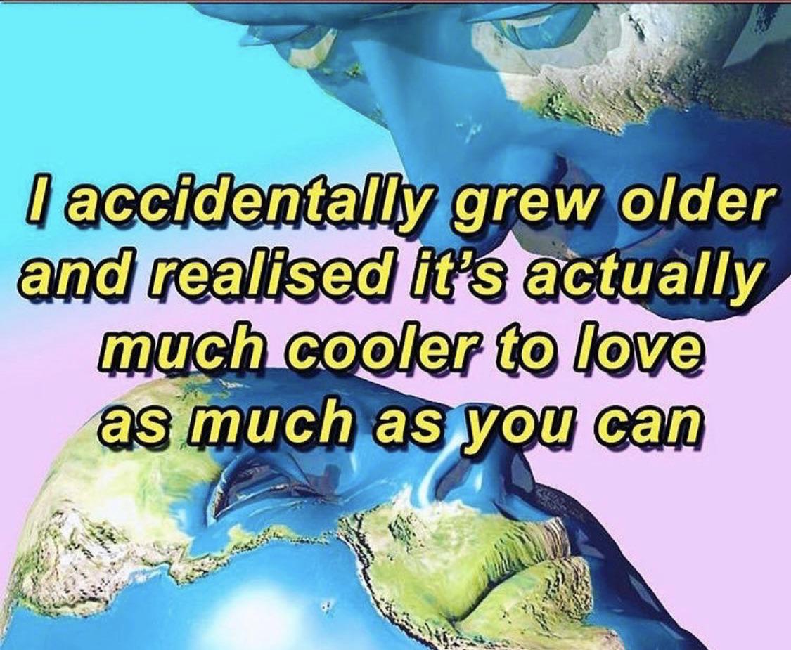 cute wholesome-memes cute text: I accidentally grew!older and realised it's aetually much cooler to love as much as you can 