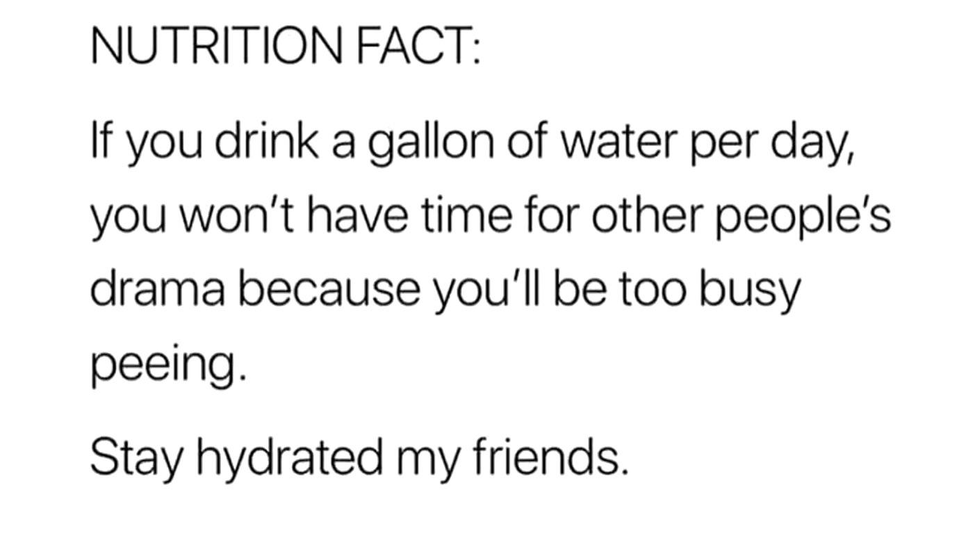 water water-memes water text: NUTRITION FACT: If you drink a gallon of water per day, you won't have time for other people's drama because you'll be too busy peeing. Stay hydrated my friends. 