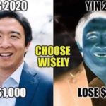 yang-memes political text: YANG 2020 GET $1,000 CHOOSE WISELY YIN 2020 LOSE $1,000  political