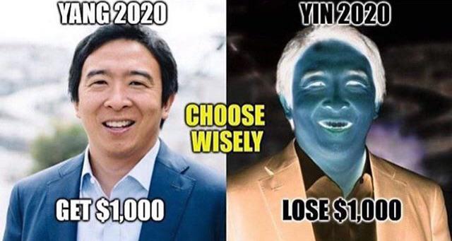 political yang-memes political text: YANG 2020 GET $1,000 CHOOSE WISELY YIN 2020 LOSE $1,000 