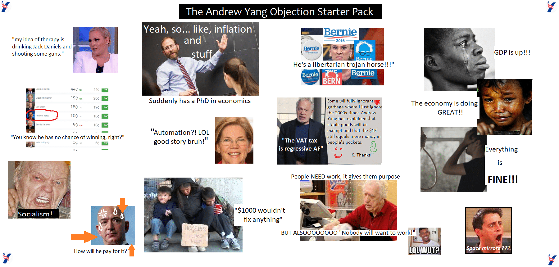 political yang-memes political text: The Andrew Yang Objection Starter Pack 'my idea of therapy is drinking Jack Daniels and shooting some guns. 