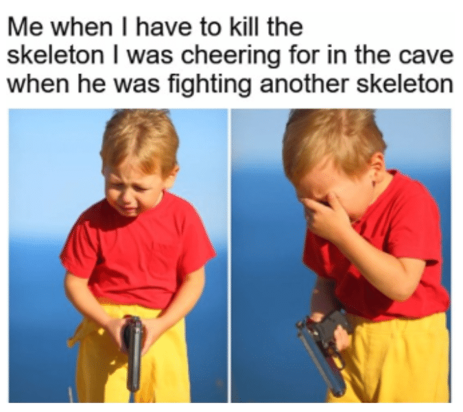 Dank Meme dank-memes cute text: Me when I have to kill the skeleton I was cheering for in the cave when he was fighting another skeleton 