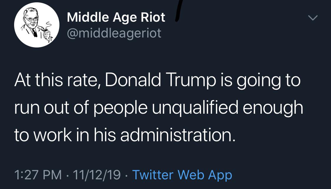 political political-memes political text: Middle Age Riot @middleageriot At this rate, Donald Trump is going to run out of people unqualified enough to work in his administration. 1:27 PM • 11/12/19 • Twitter Web App 