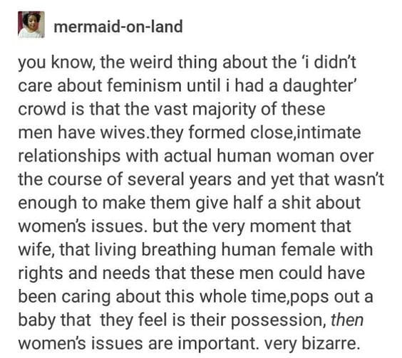 women feminine-memes women text: mermaid-on-land you know, the weird thing about the 'i didn't care about feminism until i had a daughter' crowd is that the vast majority of these men have wives.they formed close,intimate relationships with actual human woman over the course of several years and yet that wasn't enough to make them give half a shit about women's issues. but the very moment that wife, that living breathing human female with rights and needs that these men could have been caring about this whole time,pops out a baby that they feel is their possession, then women's issues are important. very bizarre. 