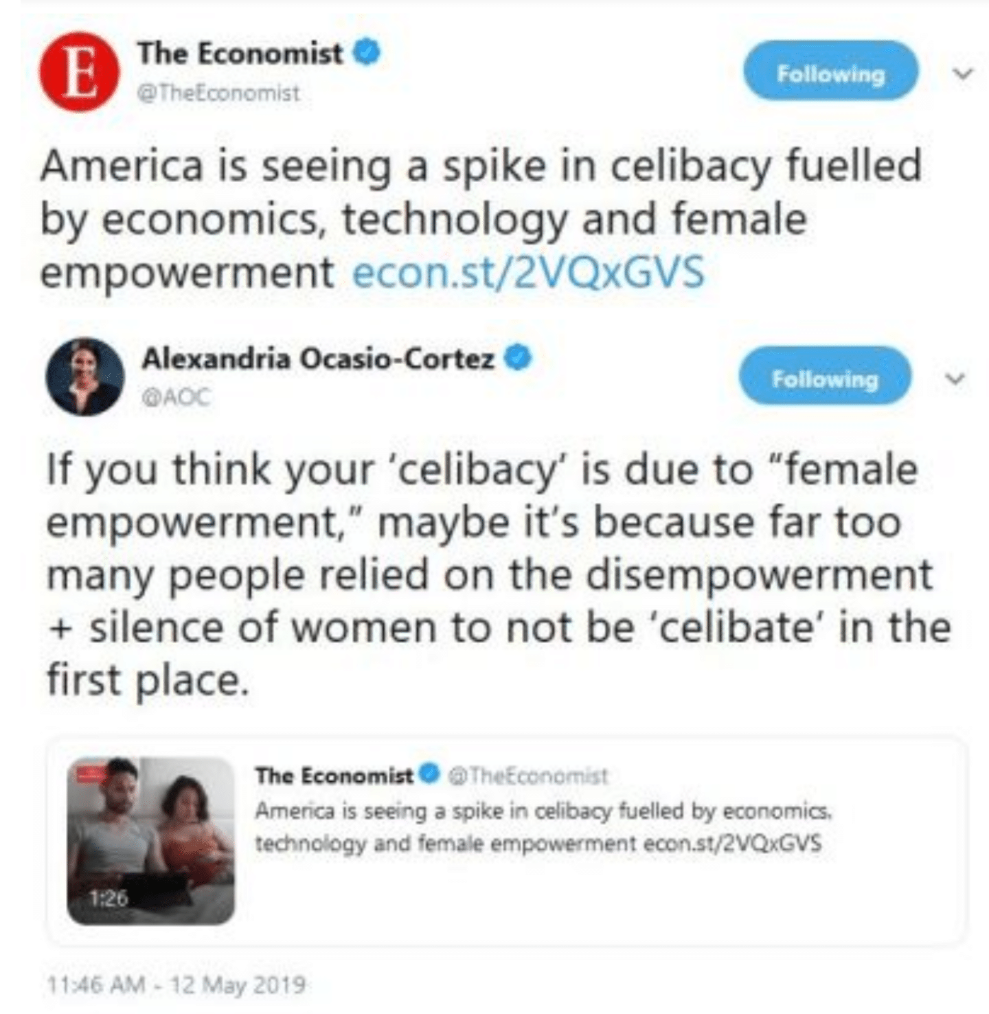 women feminine-memes women text: The Economist O Following @thetconomjst America is seeing a spike in celibacy fuelled by economics, technology and female empowerment econ.st/2VQxGVS Alexandria Ocasio-Cortez O Following If you think your 'celibacy' is due to 
