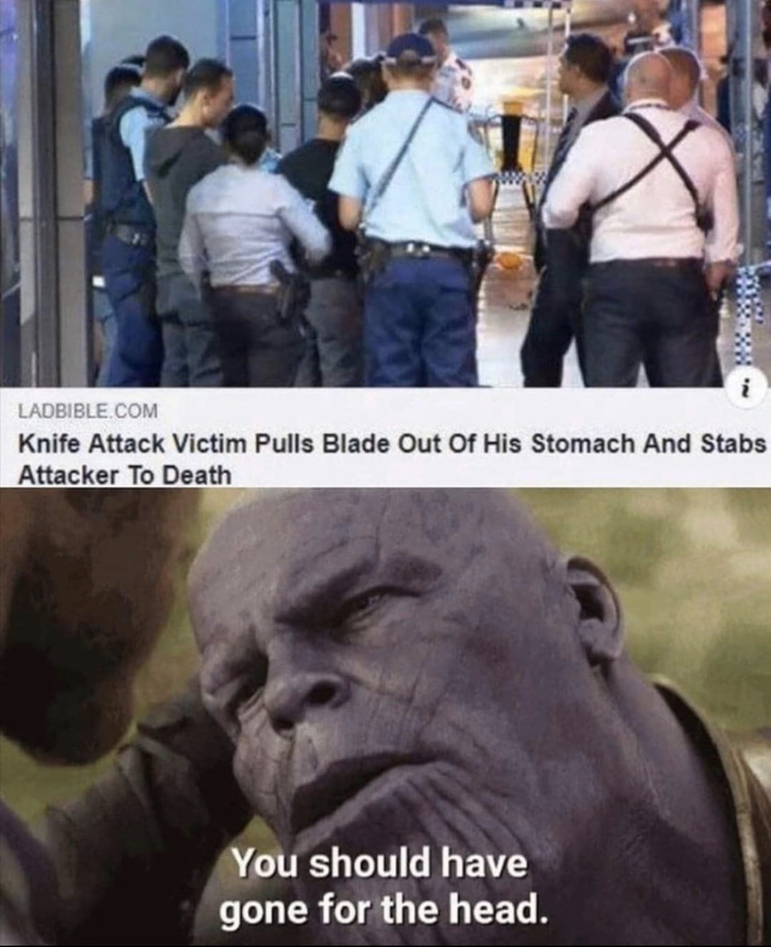 thanos avengers-memes thanos text: LAOBIBLECOM Knife Attack Victim Pulls Blade Out Of His Stomach And Stabs Attacker To Death You should have gone for the head. 