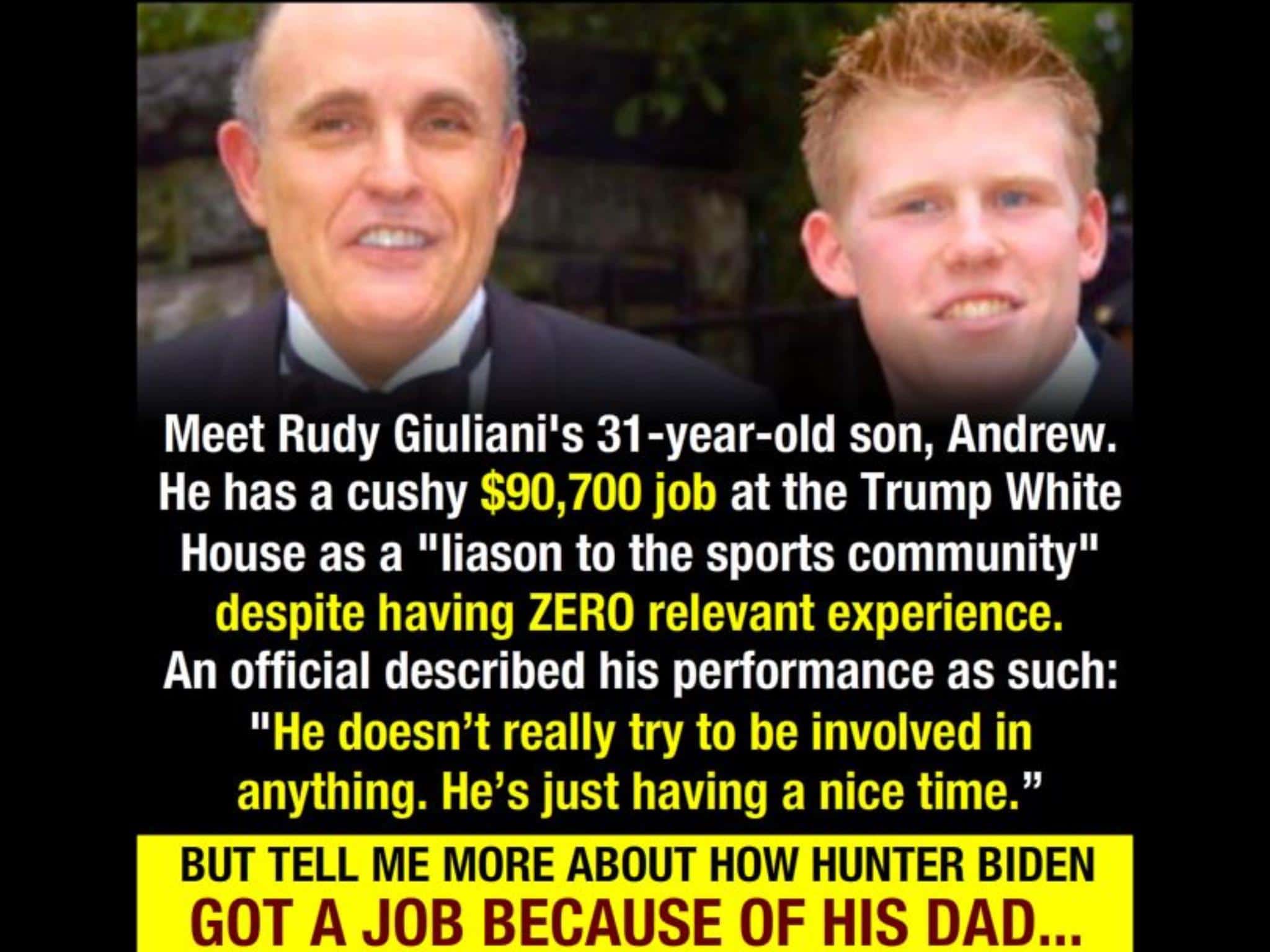political political-memes political text: Meet Rudy Giuliani's 31 -year-old son, Andrew. He has a cushy $90,700 job at the Trump White House as a 