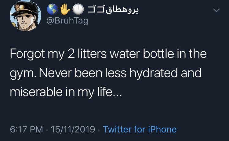 water water-memes water text: @BruhTag Forgot my 2 litters water bottle in the gym. Never been less hydrated and miserable in my life... 6:17 PM • 15/11/2019 • Twitter for iPhone 