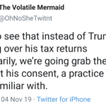feminine-memes women text: The Volatile Mermaid @OhNoSheTwitnt Nice to see that instead of Trump turning over his tax returns voluntarily, we