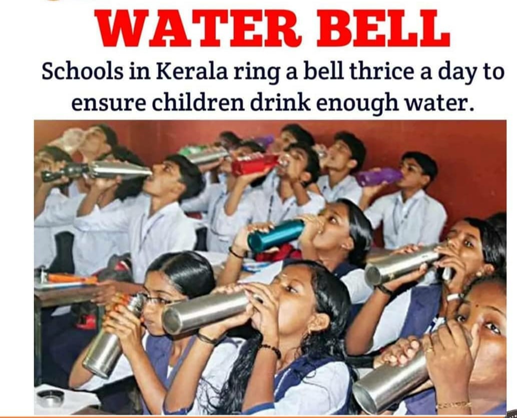 water water-memes water text: WATER BELL Schools in Kerala ring a bell thrice a day to ensure children drink enough water. trv 