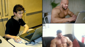 Buff guys on computer helping kid (horizontal) Strong meme template