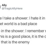 water-memes water text: Ally @TragicAllyHere Before I take a shower: I hate it in there, the wet world is a bad place While in the shower: I remember now that this is a good place, it is the dry world that is the enemy  water