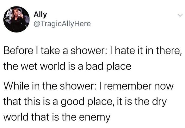 water water-memes water text: Ally @TragicAllyHere Before I take a shower: I hate it in there, the wet world is a bad place While in the shower: I remember now that this is a good place, it is the dry world that is the enemy 