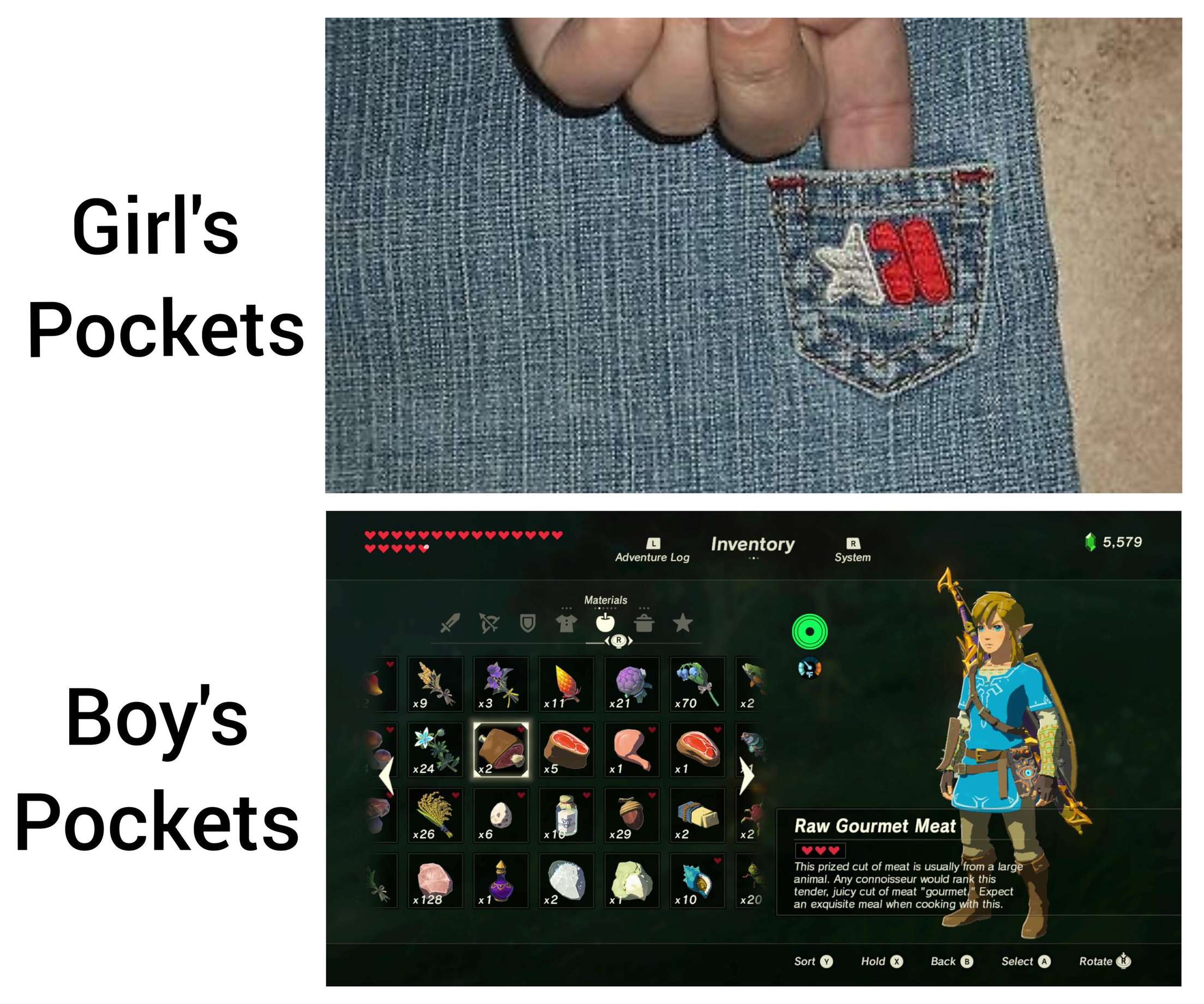 Dank, Meme, Girls vs. Boys, Pockets, Gaming, Zelda, Small vs. Big other-memes dank text: Girl's Boy's Pockets Inventory 5,579 Adventure Log Materials System x21 x24 x 128 x 70 x10 x20 Raw Gourmet Meat This prized cut of meat is usually from a animal. Any connoisseur would rank this tender, juicy cut of meat 