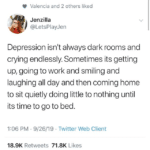 depression-memes depression text: Valencia and 2 others liked Jenzilla @LetsPlayJen Depression isn
