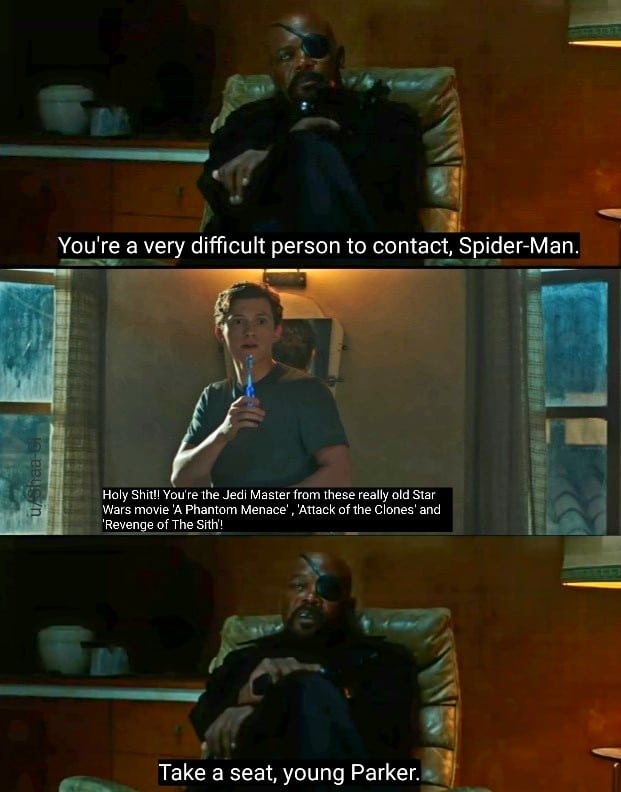 prequel-memes star-wars-memes prequel-memes text: You're a very difficult person to contact, Spider-Man. Holy Shit!! You're the Jedi Master from these really old Star Wars movie A Phantom Menace' , Attack of The Clones' and 'Reven e of The Sith'l Take a seat, young Parker.s 
