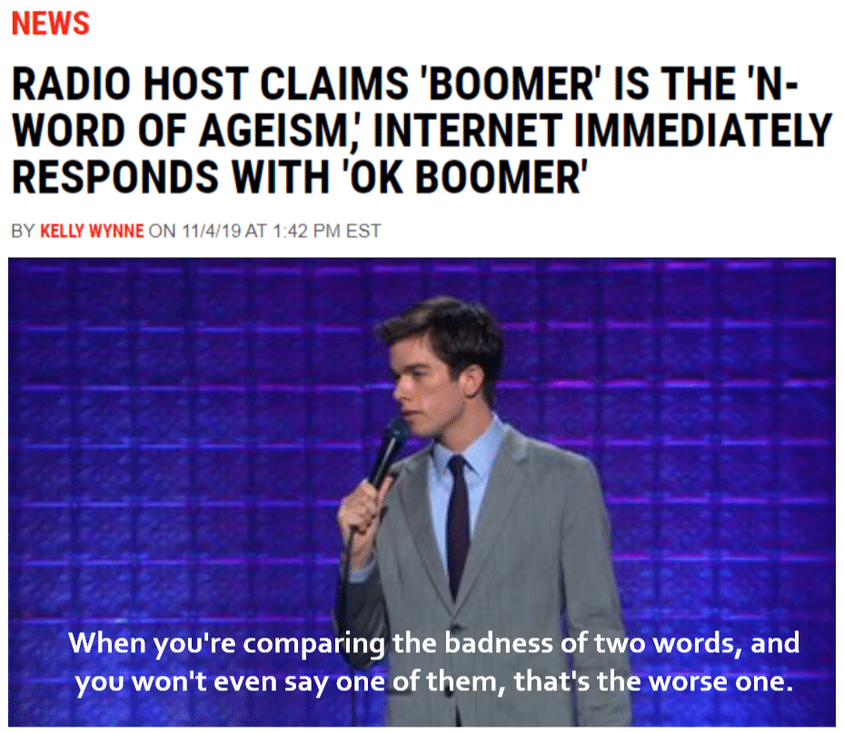 Dank Meme dank-memes cute text: NEWS RADIO HOST CLAIMS 'BOOMER' IS THE 'N- WORD OF AGEISM,' INTERNET IMMEDIATELY RESPONDS WITH 'OK BOOMER' BY KELLY WYNNE ON 11/4/19AT 1:42 PM EST When you're comparing the badness of two words, and you won't even say one of them, that's the worse one. 