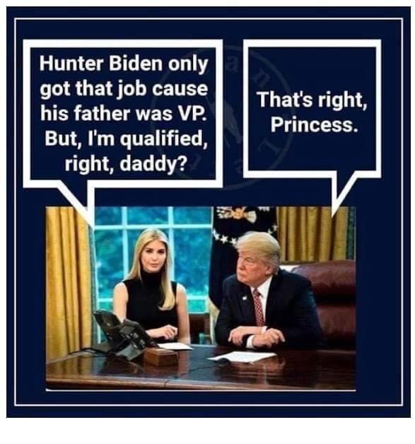 political political-memes political text: Hunter Biden only got that job cause That's right, his father was VP. Princess. But, I'm qualified, right, daddy? 