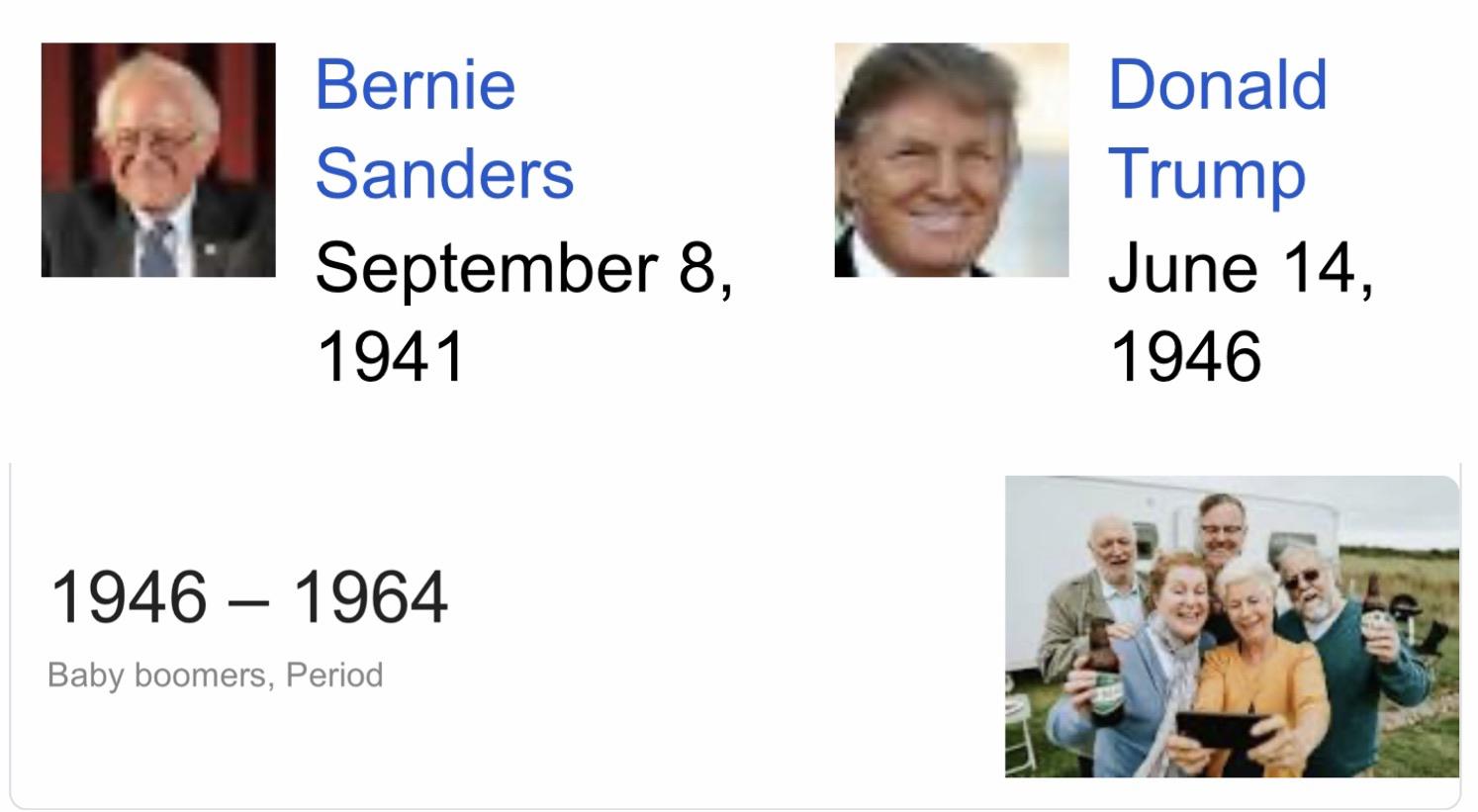 political political-memes political text: Bernie Sanders September 8, 1941 1946 - 1964 Baby boomers, Period Donald Trump June 14, 1946 