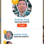 yang-memes political text: THIS WAY TO IOWA. LEADERBOARD Andrew Yang 1004749 POINTS Profile Andrew Yang 1004749 POINTS Elizabeth Warren 834146 POINTS  political