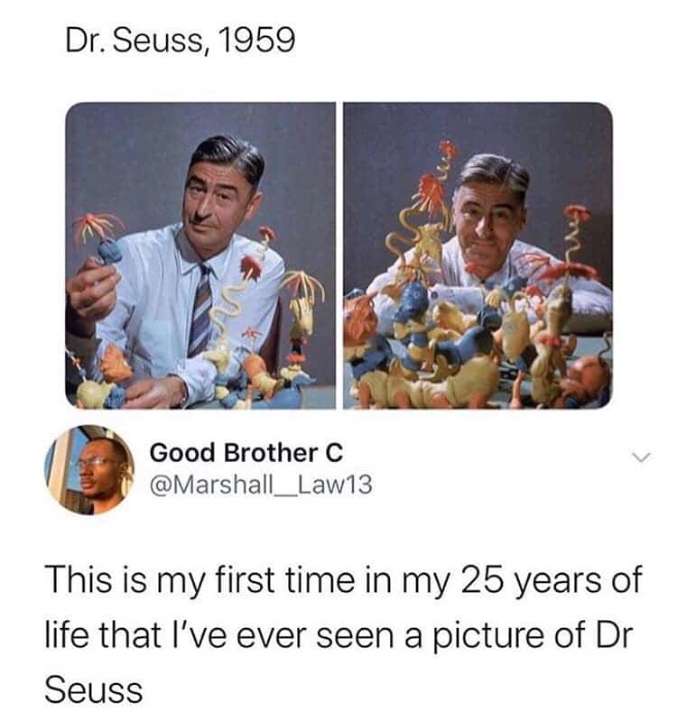 cute wholesome-memes cute text: Dr. Seuss, 1959 Good Brother C @Marshall_Law13 This is my first time in my 25 years of life that I've ever seen a picture of Dr Seuss 