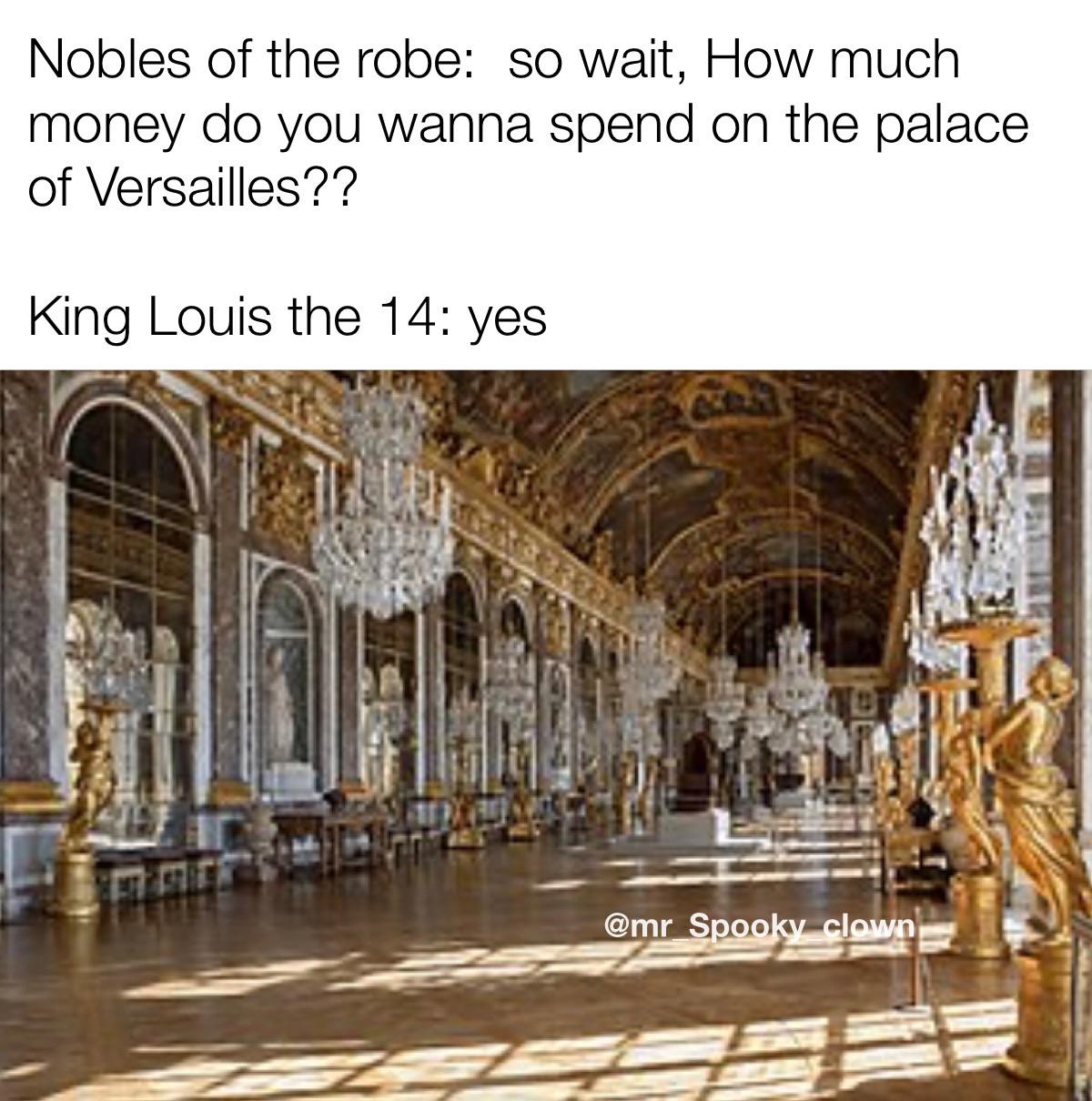 history history-memes history text: Nobles of the robe: so wait, How much money do you wanna spend on the palace of Versailles?? King Louis the 14: yes @mr S o 
