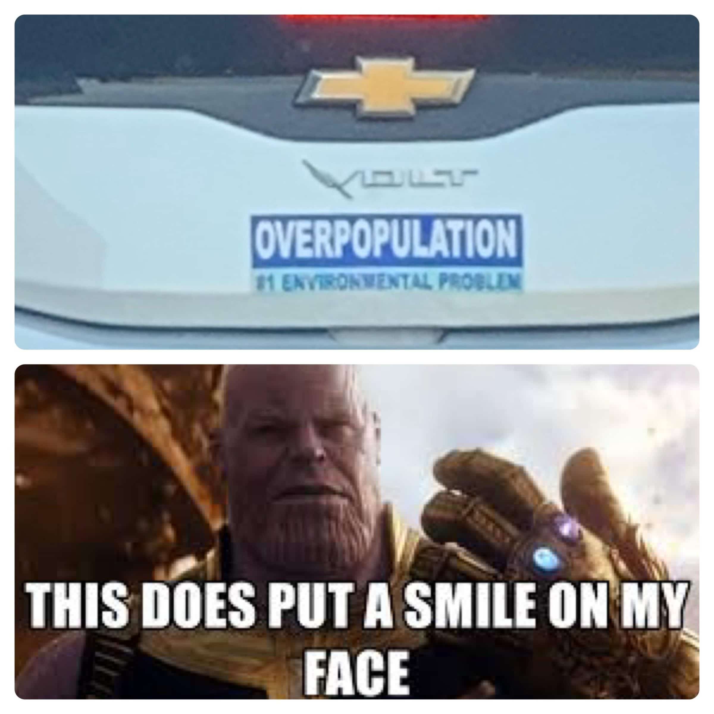 thanos avengers-memes thanos text: OVERPOPULATION THIS DOES PUT A SMILE ON MY FACE 