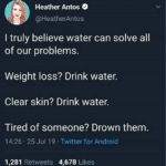 water-memes water text: Heather Antos O @HeatherAntos I truly believe water can solve all of our problems. Weight loss? Drink water. Clear skin? Drink water. Tired of someone? Drown them. 14:26 • 25 Jul 19 • Twitter for Android Likes 1,281 Retweets 4,678  water